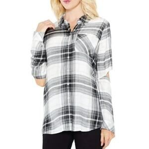 Vince Camuto Button Down Shirt Gray White Plaid Flannel Style Cutout Sleeve L